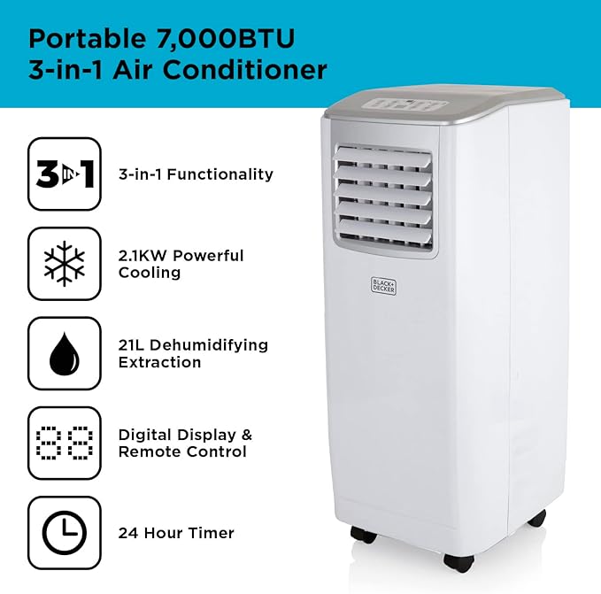 BLACK+DECKER BXAC40005GB Portable 7000 BTU 3-in-1 Air Conditioner, Dehumidifier
