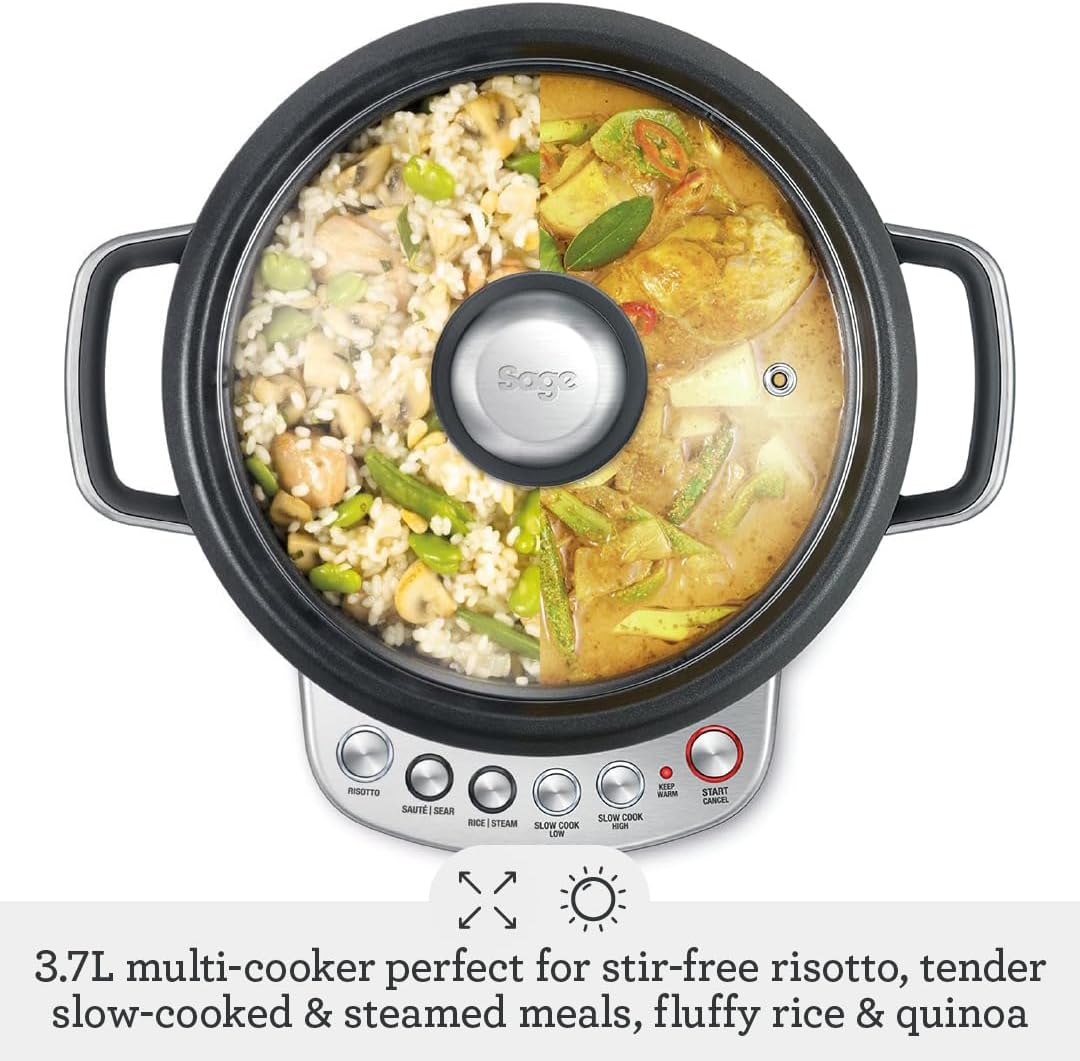 Sage - The Risotto Plus - Multi Cooker with Stir Free Risotto - Sauté, Rice, Steam, Sear, Slow Cook Low/High & Auto Keep Warm Functionality - Brushed Stainless Steel