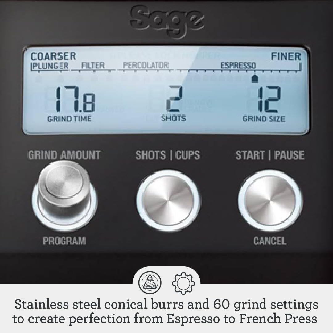 Sage - The Smart Grinder Pro - Conical Burr Coffee Grinder - Programmable, Automatic - 450g Coffee Bean Capacity, 60 Precise Grind Settings - Black Truffle