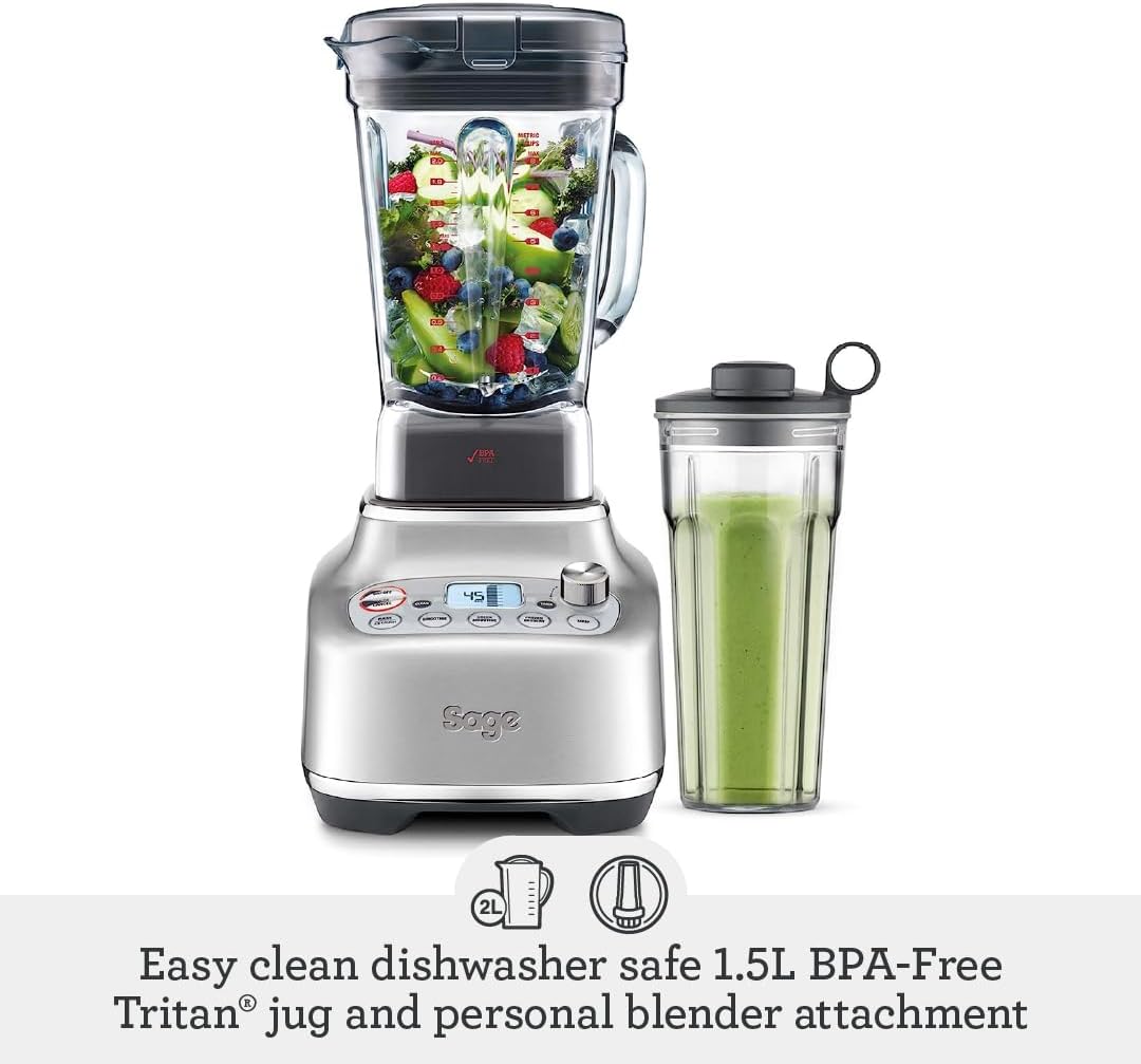 Sage - The Super Q - Quick and Quiet Blender - 5 Programs, 2400 W, 12 Speed Settings, 2 L Jug, 700 ml Cup - Smoothie Maker, Soup, Crushed Ice - Mix, Puree, Cocktails, Sauce - Brushed Stainless Steel