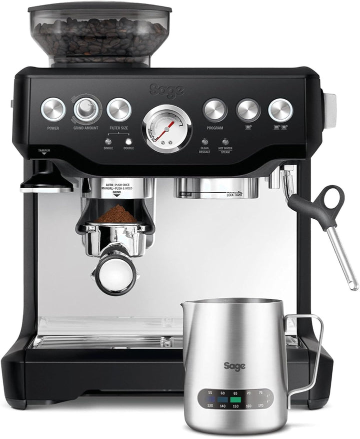 Sage - The Barista Express - Bean to Cup Coffee Machine with Grinder and Manual Milk Frother - 16 Grind Settings, 15 Bar Pump, PID Temp Control - With Temperature Control Jug, Black Truffle