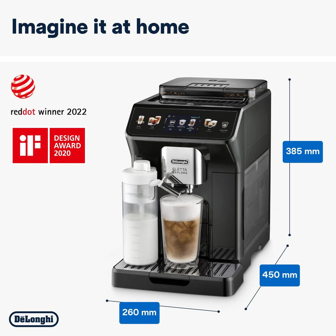 De'Longhi Eletta Explore Cold Brew ECAM452.67.G, Barista Coffee Machine with LatteCrema Hot and Cool, Espresso Machine, Automatic Coffee Bean Machine, Cold Extraction, Coffee Pot Included, Dark Grey
