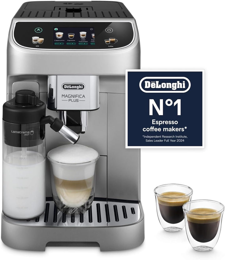 De'Longhi ECAM322.70.SB Magnifica Plus Automatic Coffee Machine with LatteCrema Hot, Bean to Cup Espresso Machine with 18 One-Touch Recipes, Full-Touch Control Panel, 1450W, Silver/Black