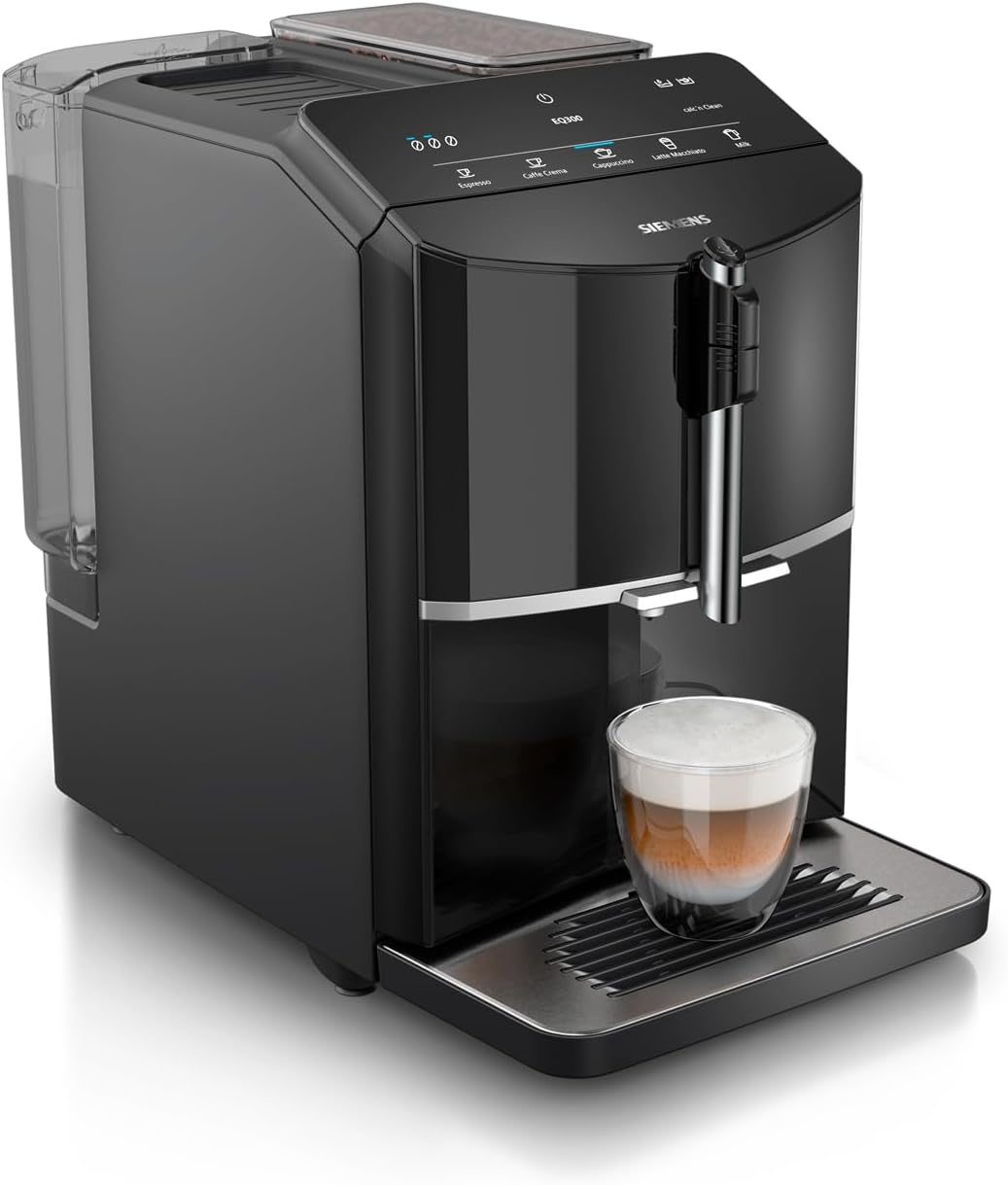 SIEMENS EQ300 Fully Automatic Bean to Cup Espresso Coffee Machine with milk frother arm, oneTouch Function, 4 coffee beverages, 3 coffee strengths, TF301G19, Piano Black