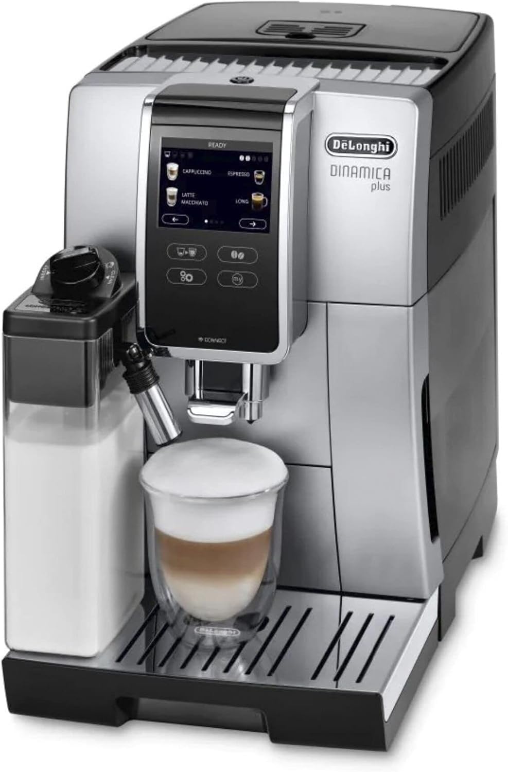 De'Longhi Dinamica Plus Perfetto ECAM370.85.SB, Coffee Bean Machine, Espresso Coffee Maker with LatteCrema System for Automatic Cappuccino, Dedicated App, Touch Display, Silver/Black