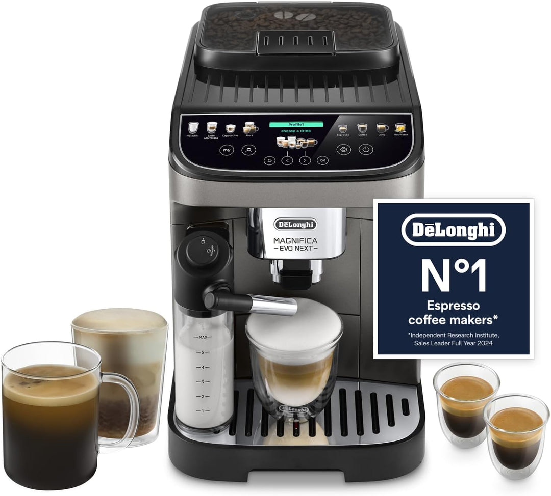 De'Longhi Magnifica Evo Next ECAM312.80.TB, Automatic Coffee Machine With Automatic Milk Frother, Bean To Cup Coffee and Cappuccino Machine with Intuitive Touch Display, Black/Titanium