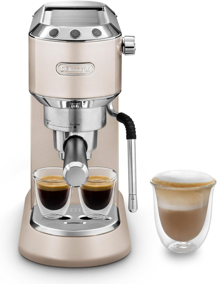 De'Longhi Dedica Arte EC885.?BG, Traditional Barista Pump Espresso Machine, Manual Coffee Machine, My LatteArt Steam Wand, Compact Design 15cm Wide, Fit Mug Up to 13cm, Beige