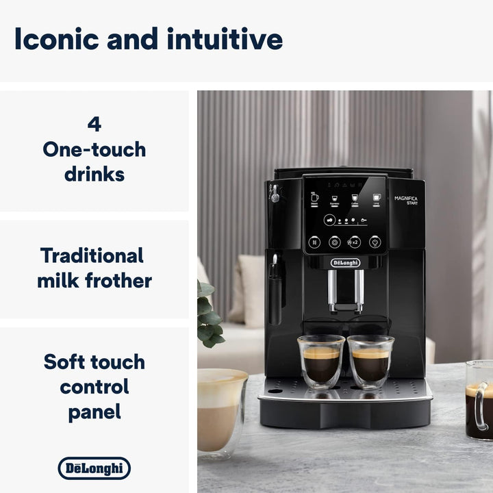 De'Longhi Magnifica ECAM222.20.B, Automatic Coffee Machine with Milk Nozzle, Bean to Cup Espresso Machine with 4 One-Touch Recipes, Soft-Touch Control Panel, 1450W, Black