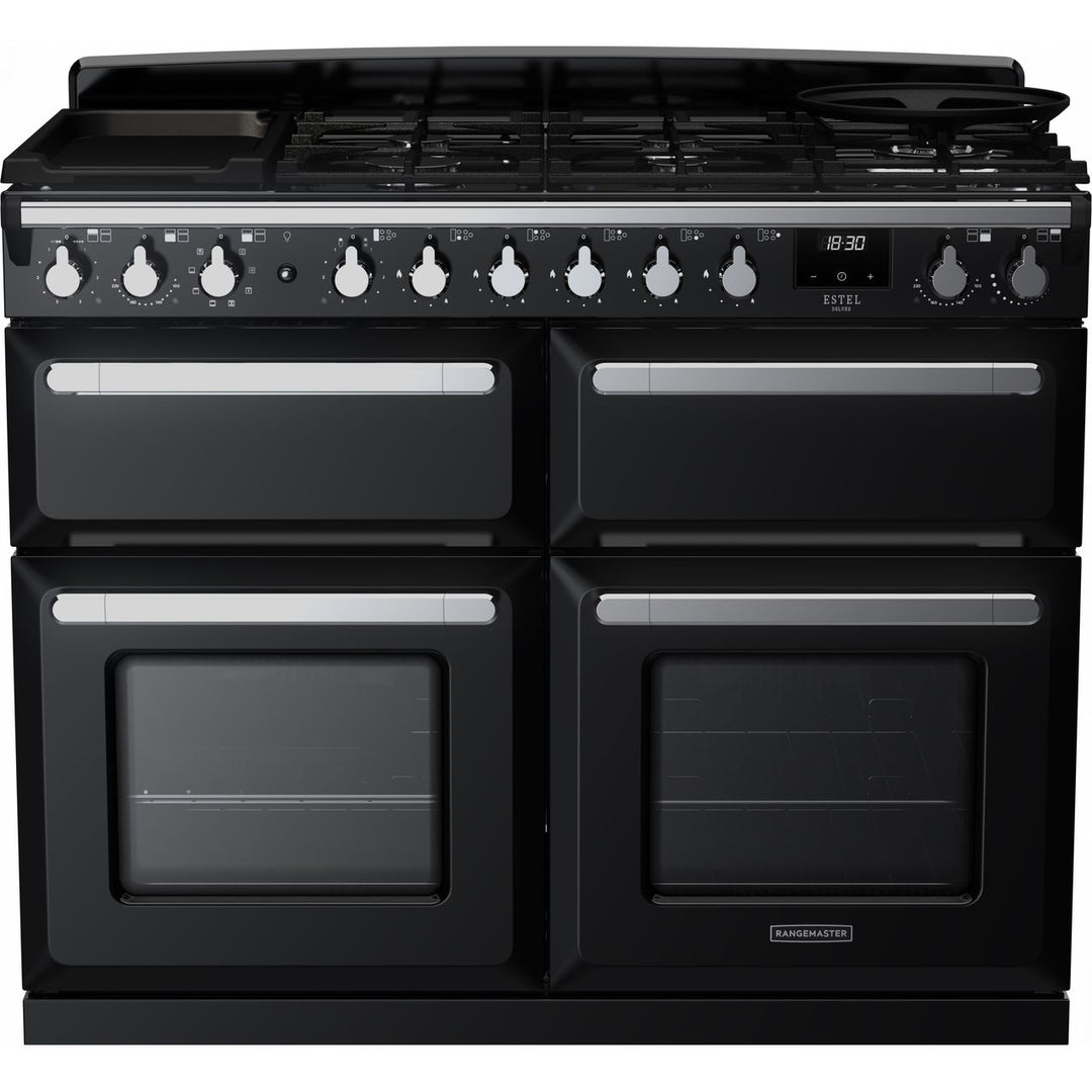 Rangemaster Estel Deluxe ESDLB110DFPGBL/CM1 110cm wide Dual Fuel Range Cooker with Gas Hob - Black / Chrome