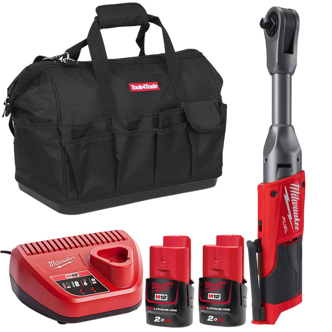 Milwaukee M12FIR38LR-0 12V FUEL Brushless Long Reach 3/8in Ratchet with 2 x 2.0Ah Batteries &amp; Charger in Bag