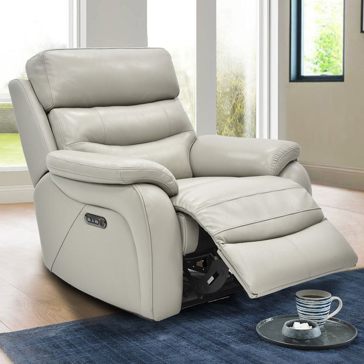 Fletcher Power Light Grey Leather Recliner Reclining Armchair Headrest Foam Arm