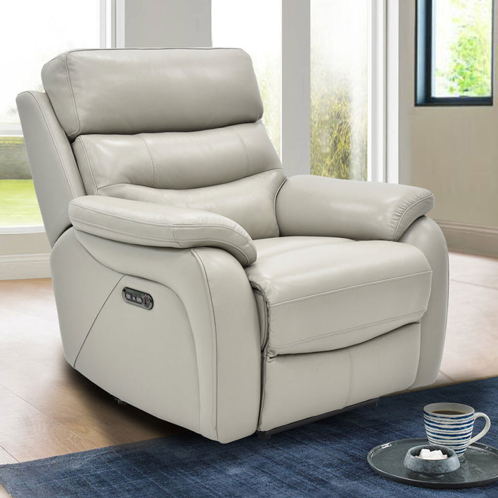 Fletcher Power Light Grey Leather Recliner Reclining Armchair Headrest Foam Arm