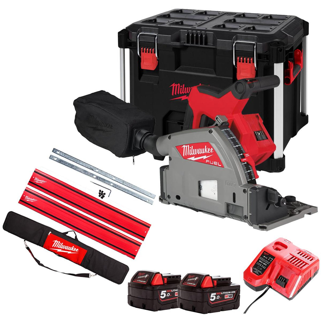 Milwaukee M18FPS55-0PEB 18V 165mm Fuel Brushless Plunge Saw with 2 x 5.0Ah Battery & Guide Rail Kit