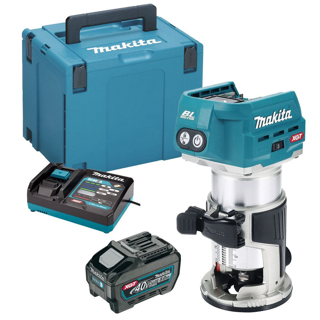 Makita RT001GZ20 40Vmax XGT Li-Ion Brushless Router Trimmer with 1 x 5.0Ah Battery Charger & Case