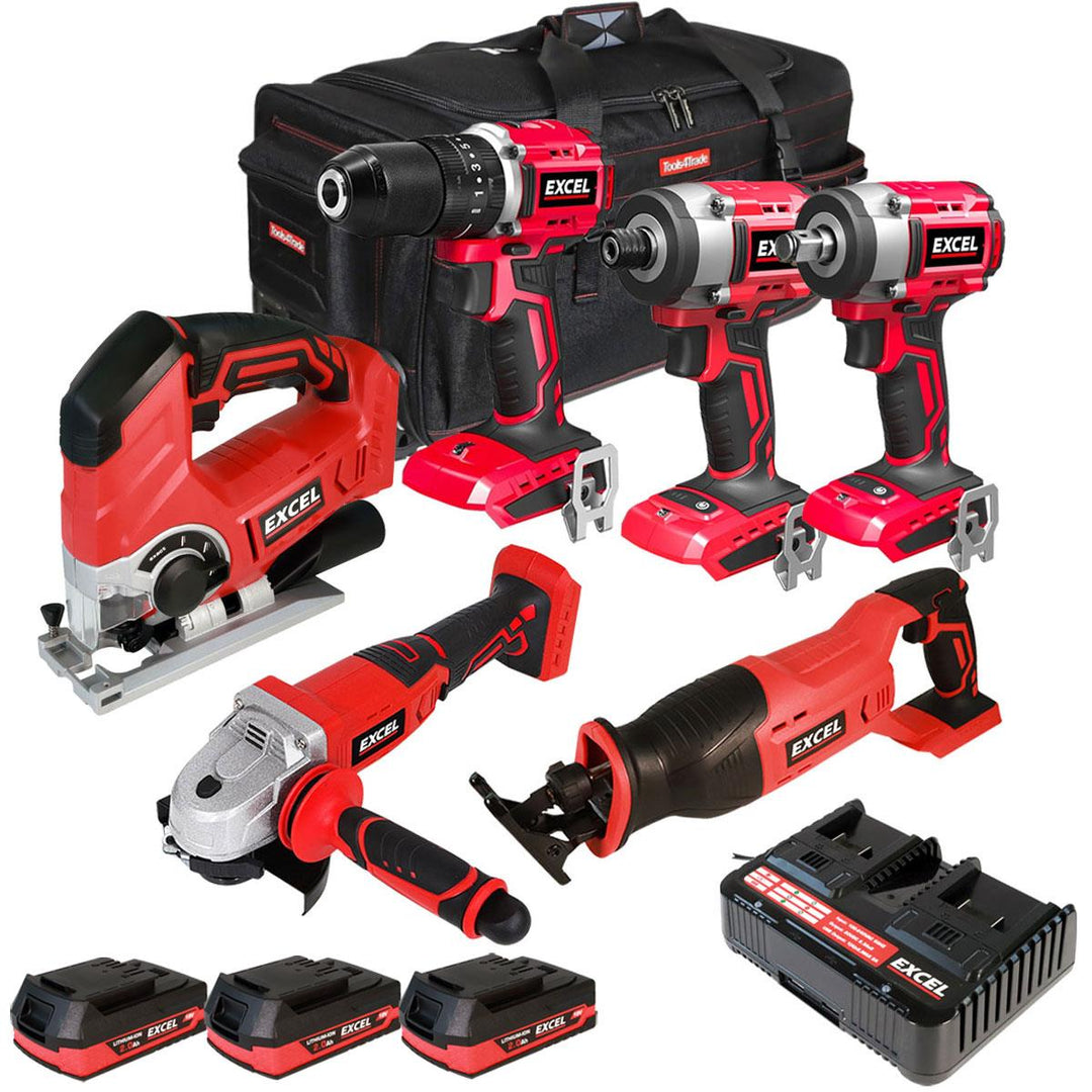Excel 18V Cordless 6 Piece Tool Kit with 3 x 2.0Ah Battery & Charger