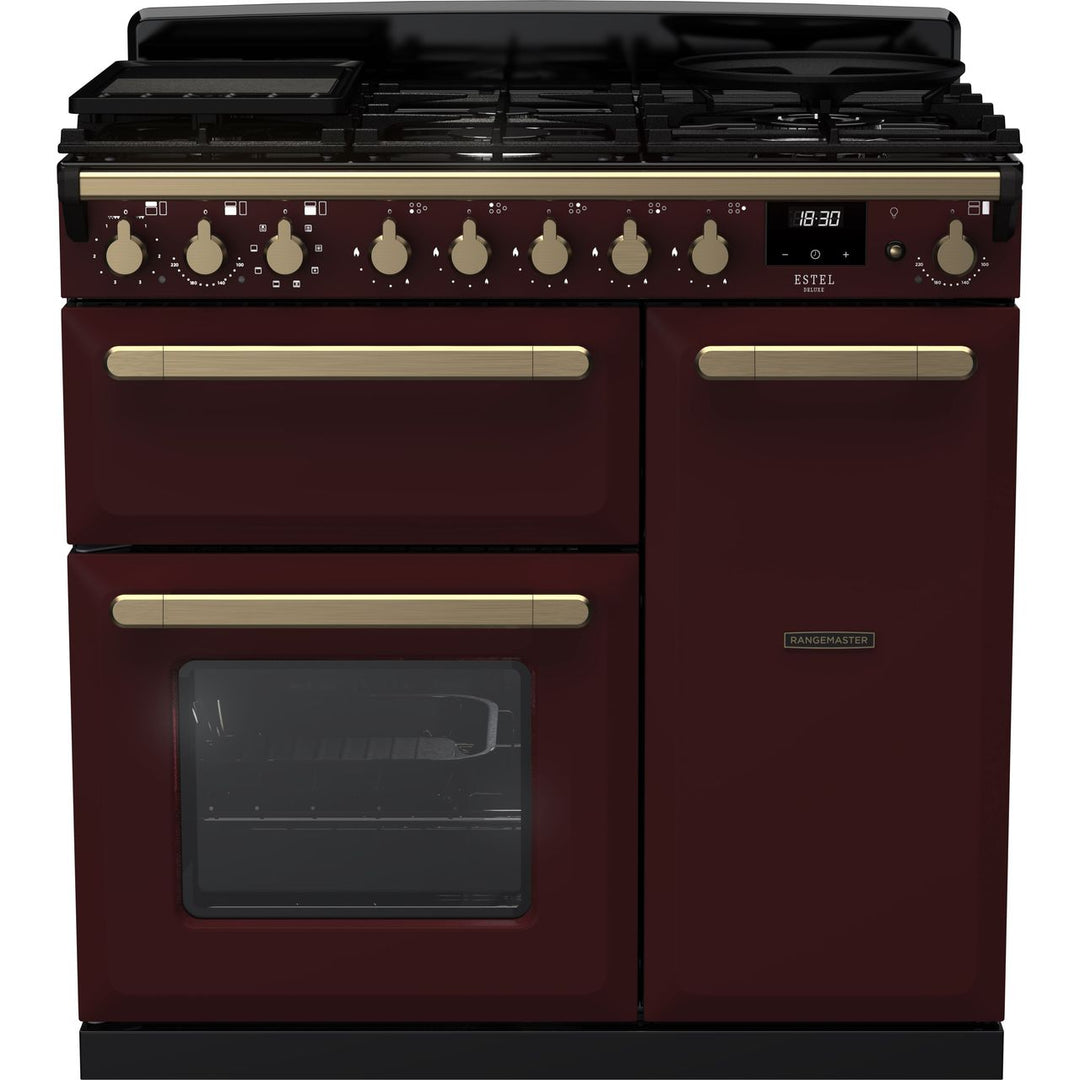 Rangemaster Estel Deluxe ESDL90DFPBOR/AB1 90cm wide Dual Fuel Range Cooker with Gas Hob - Bordeaux / Antique Brass