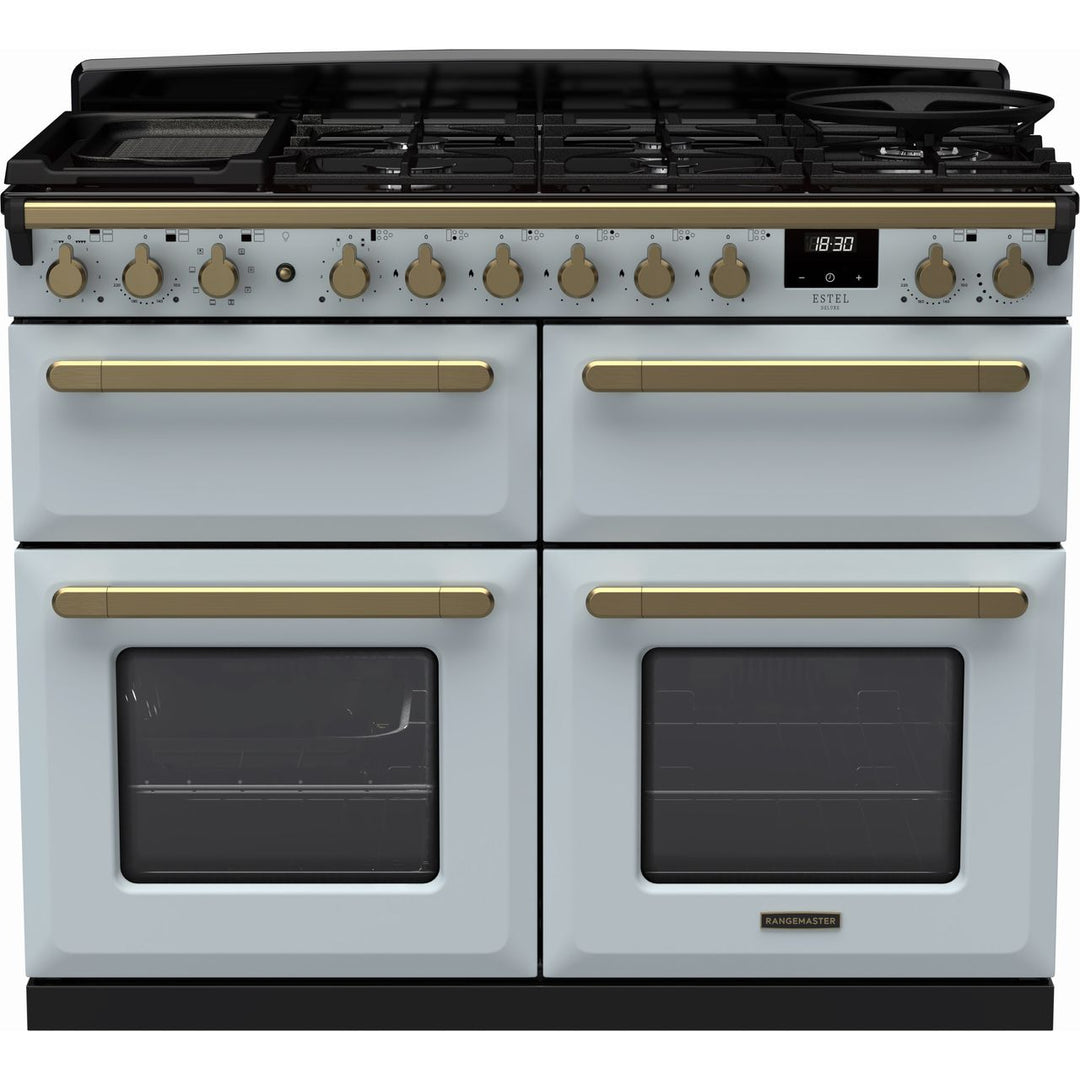 Rangemaster Estel Deluxe ESDLB110DFPMSB/AB1 110cm wide Dual Fuel Range Cooker with Gas Hob - Misty Blue / Antique Brass