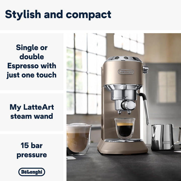De'Longhi Dedica Arte EC885.?BG, Traditional Barista Pump Espresso Machine, Manual Coffee Machine, My LatteArt Steam Wand, Compact Design 15cm Wide, Fit Mug Up to 13cm, Beige