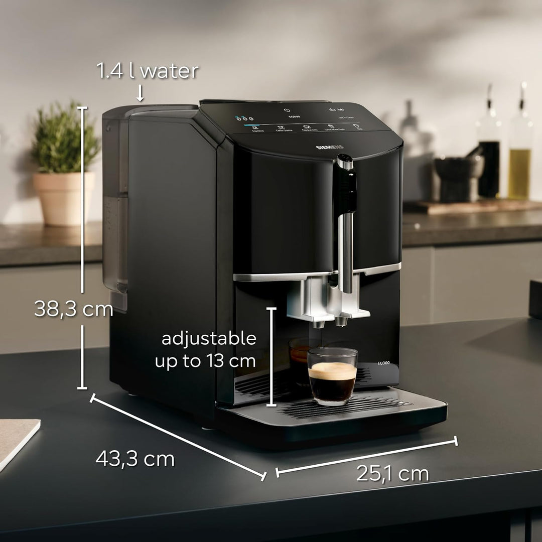 SIEMENS EQ300 Fully Automatic Bean to Cup Espresso Coffee Machine with milk frother arm, oneTouch Function, 4 coffee beverages, 3 coffee strengths, TF301G19, Piano Black