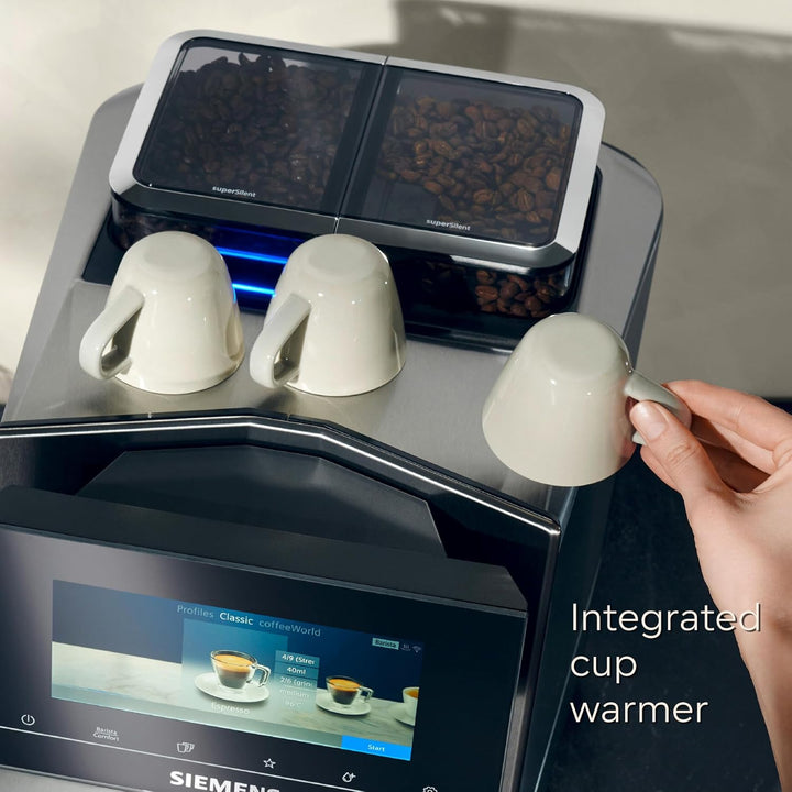 SIEMENS EQ900 Plus Fully Automatic Bean to Cup Coffee Machine, 6.8" Touch Screen Display, Auto Descaling/Cleaning, dual bean containers, baristaMode, beanIdent System, Home Connect, TQ907GZ3