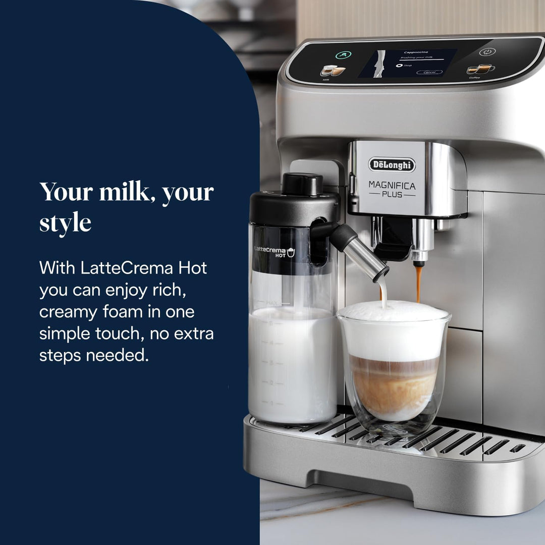 De'Longhi ECAM322.70.SB Magnifica Plus Automatic Coffee Machine with LatteCrema Hot, Bean to Cup Espresso Machine with 18 One-Touch Recipes, Full-Touch Control Panel, 1450W, Silver/Black