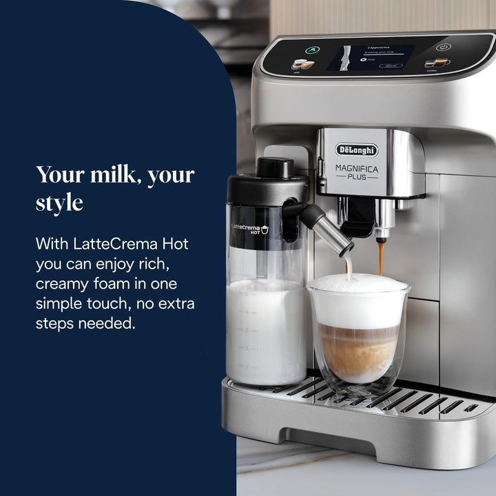 De'Longhi ECAM322.70.SB Magnifica Plus Automatic Coffee Machine with LatteCrema Hot, Bean to Cup Espresso Machine with 18 One-Touch Recipes, Full-Touch Control Panel, 1450W, Silver/Black