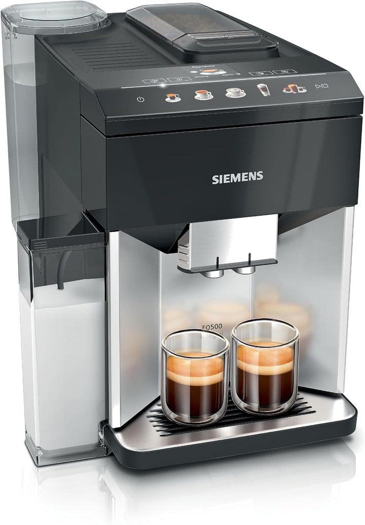 SIEMENS EQ500 Fully Automatic Bean to Cup Coffee Machine with coffeeSelect Display, oneTouch DoubleCup, 9 Coffee Beverages, autoMilk Clean in Daylight, TQ513GB1, Silver/Piano Black