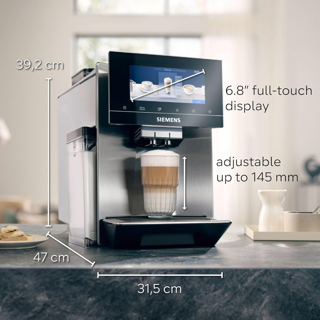 SIEMENS EQ900 Fully Automatic Bean to Cup Coffee Machine, 6.8" Touch Screen Display, Cup Warmer, dualBean System, baristaMode, beanIdent System, 30+ Beverages with Home Connect, TQ907GB3