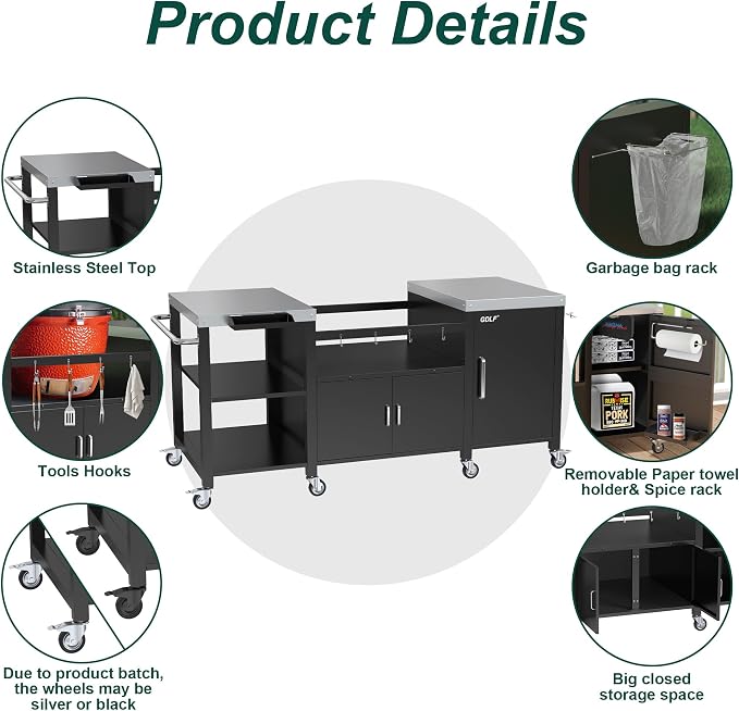 GDLF Outdoor Grill Table for XL Big Green Egg, Metal Grill Cart Big Green Table Only for Xlarge