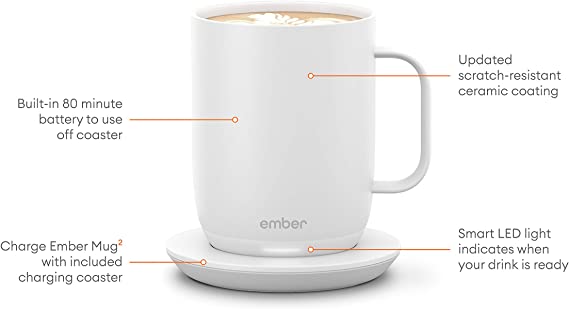 Ember Mug² New Temperature Control Smart Mug 2, 414 ml, White, 80 min. Battery Life – App Controlled Heated Coffee Mug – Improved Design