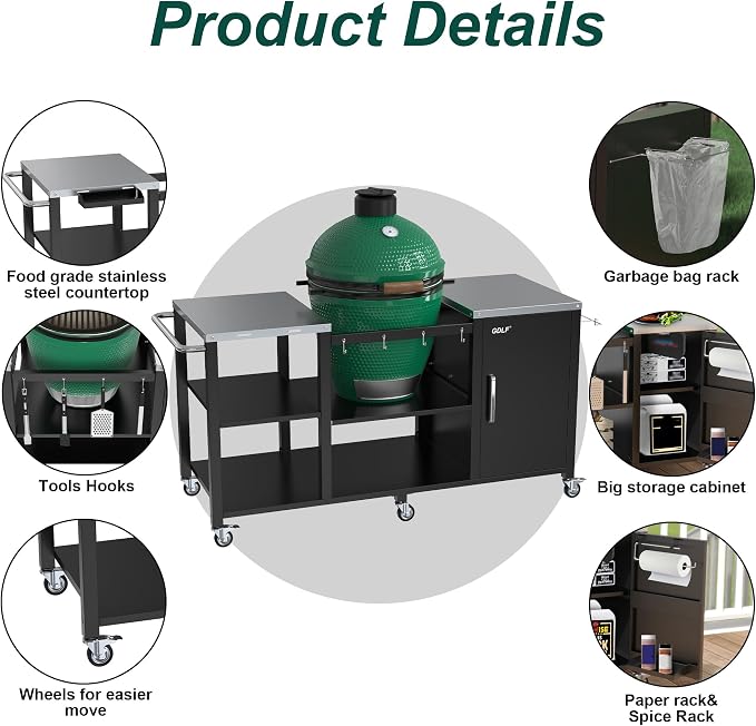 GDLF Outdoor Grill Table for Large Big Green Egg, Metal Grill Cart Station, Large Big Green Egg Table Only