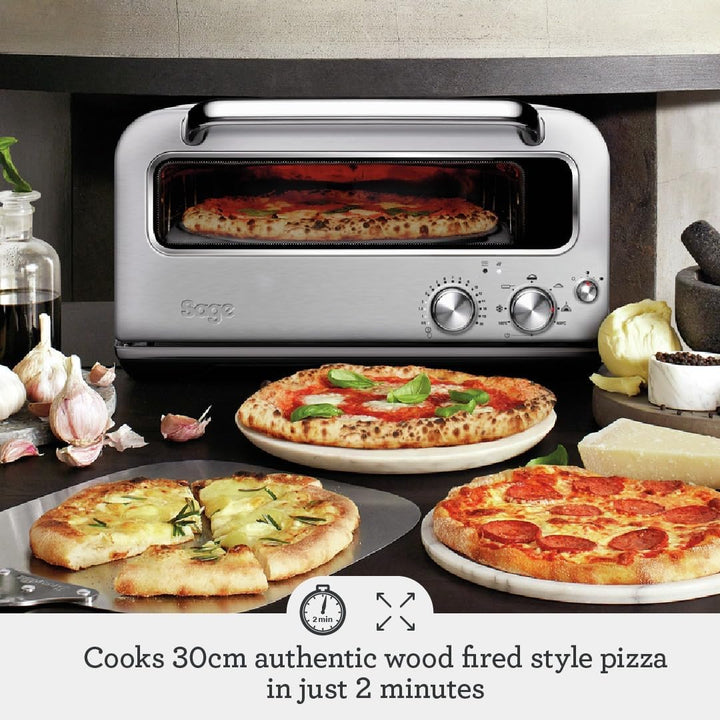 Sage - The Smart Oven Pizzaiolo - Brick Oven for Wood Fired Style Pizza - Leopard Spotted Crust 400°C, 7 Presets & Manual Mode - Peel & Pan included - Brushed Stainless Steel