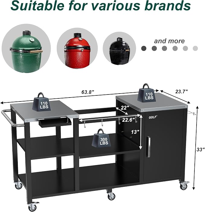 GDLF Outdoor Grill Table for Large Big Green Egg, Metal Grill Cart Station, Large Big Green Egg Table Only