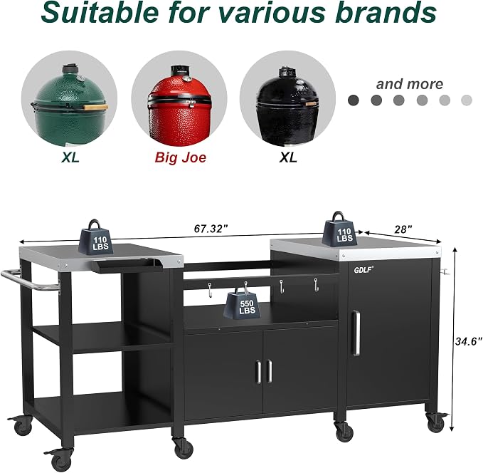 GDLF Outdoor Grill Table for XL Big Green Egg, Metal Grill Cart Big Green Table Only for Xlarge