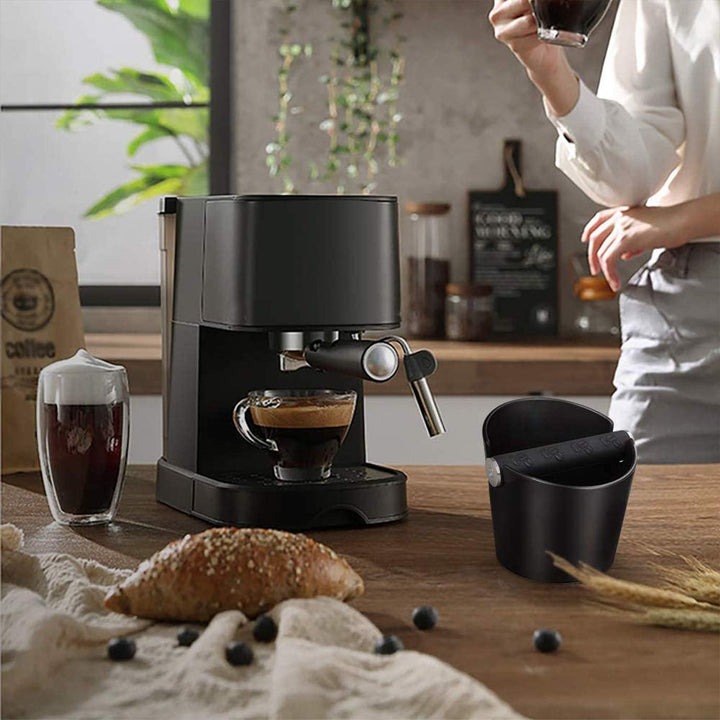 Ideal Swan Barista Style Espresso Knock Box - 4.8 Inch Shock-Absorbent Coffee Bin with Removable Metal Knock Bar and Non-Slip Base (Black)