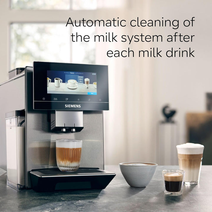 SIEMENS EQ900 Plus Fully Automatic Bean to Cup Coffee Machine, 6.8" Touch Screen Display, Auto Descaling/Cleaning, dual bean containers, baristaMode, beanIdent System, Home Connect, TQ907GZ3
