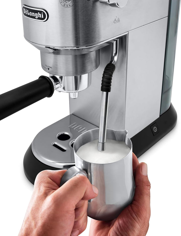 De'Longhi Dedica Arte EC885.M, Traditional Barista Pump Espresso Machine, Manual Coffee Machine with My LatteArt Steam Wand, Compact Design 15cm Wide, Fit Mug Up to 13cm, Metal