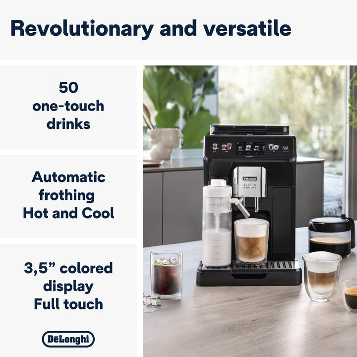 De'Longhi Eletta Explore Cold Brew ECAM452.67.G, Barista Coffee Machine with LatteCrema Hot and Cool, Espresso Machine, Automatic Coffee Bean Machine, Cold Extraction, Coffee Pot Included, Dark Grey