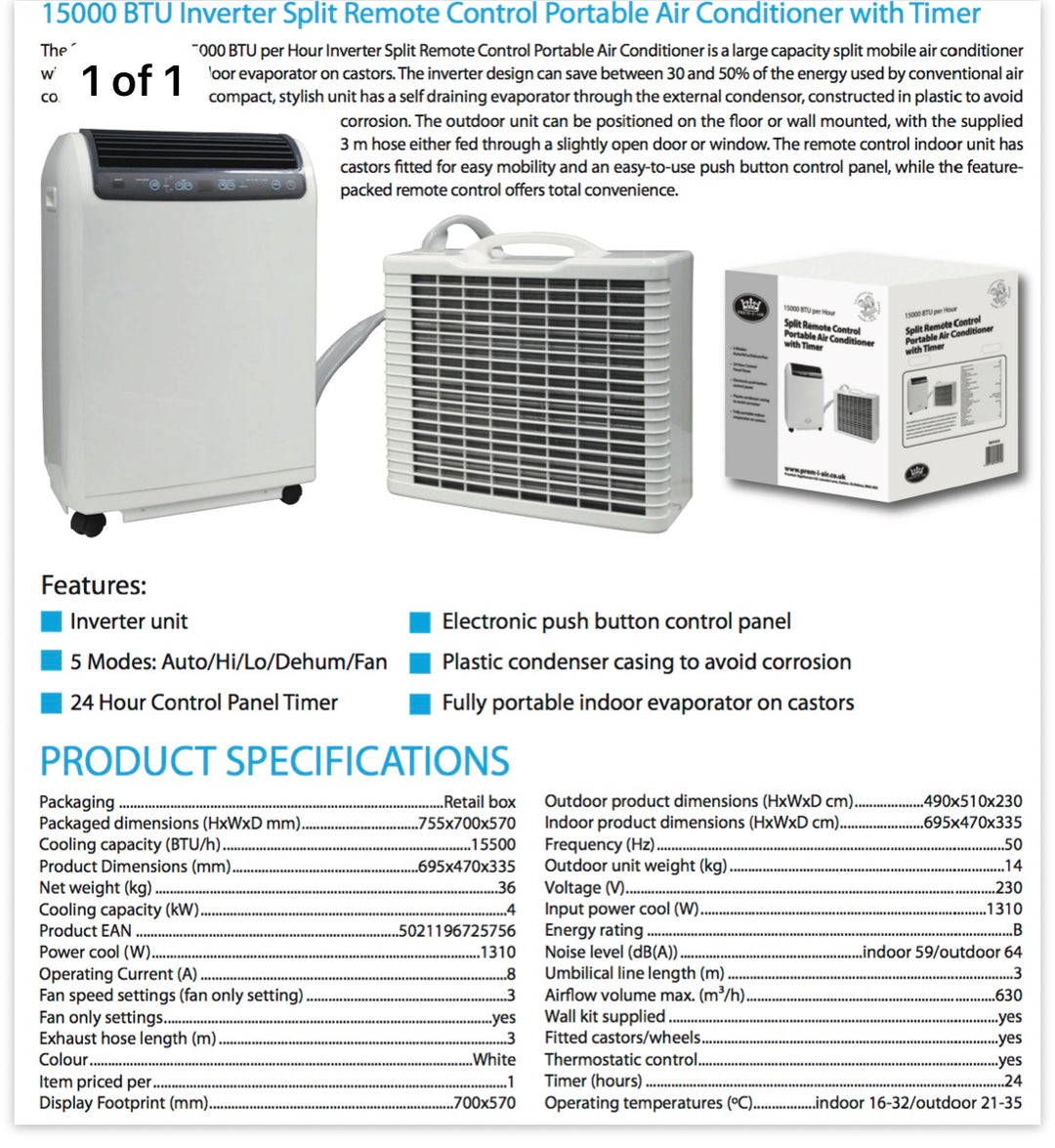 PAC15 15000BTU Portable Split Air Conditioning Unit (4.5KW) 230v FIXED LINE 2.5 MTR