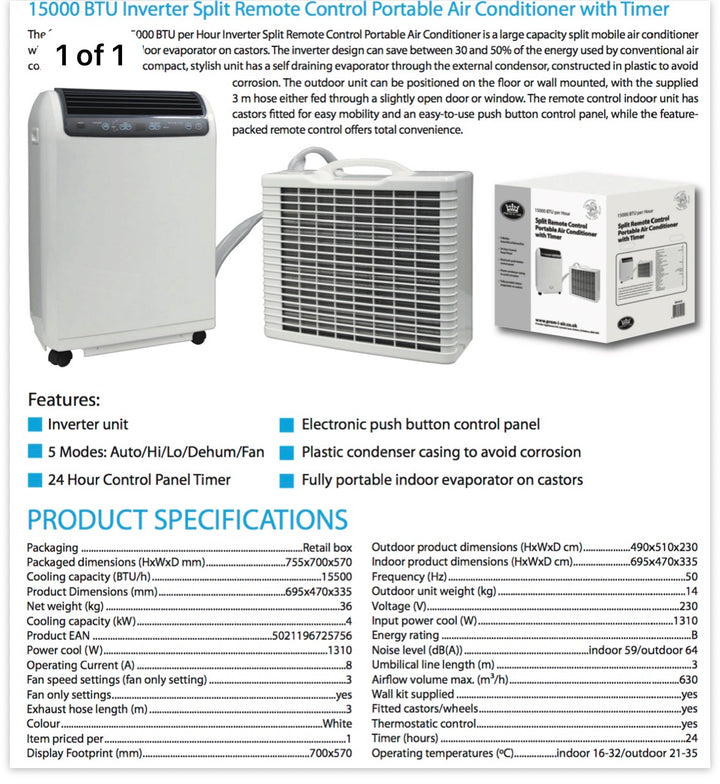 PAC15 15000BTU Portable Split Air Conditioning Unit (4.5KW) 230v FIXED LINE 2.5 MTR