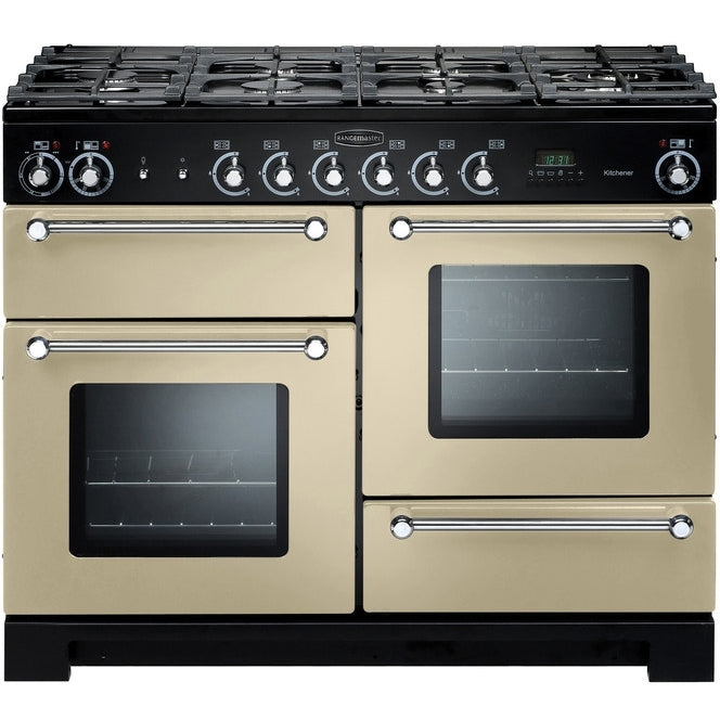 Rangemaster Kitchener KCH110DFFCR/C 110cm wide Dual Fuel Range Cooker with Gas Hob - Cream / Chrome