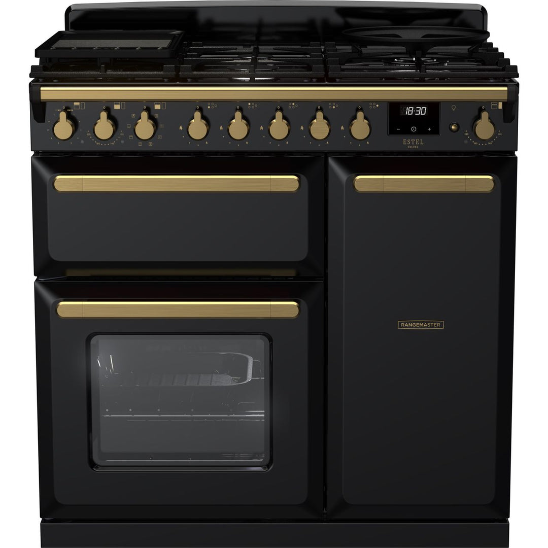 Rangemaster Estel Deluxe ESDL90DFPGBL/AB1 90cm wide Dual Fuel Range Cooker with Gas Hob - Black / Antique Brass
