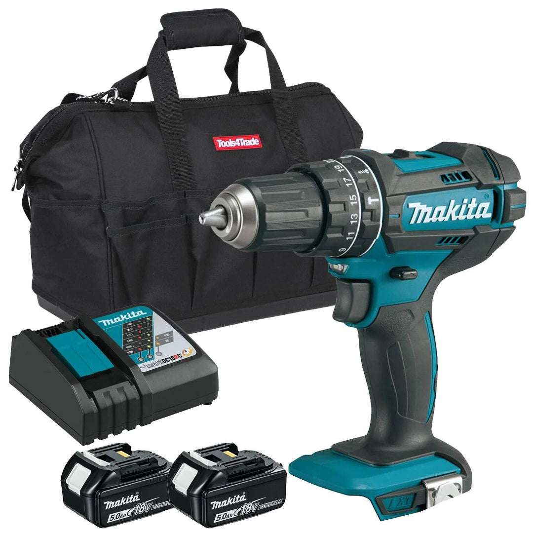 Makita DHP482Z 18V Combi Drill with 2 x 5.0Ah Battery Charger &amp; Tool Bag
