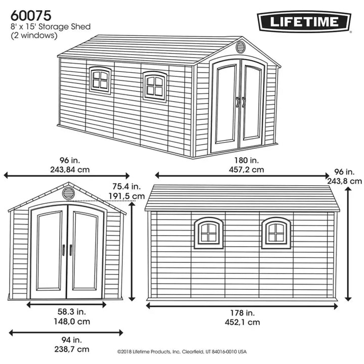 Lifetime 8ft x 15ft (2.4 x 4.5m) Storage Shed - Model 60075