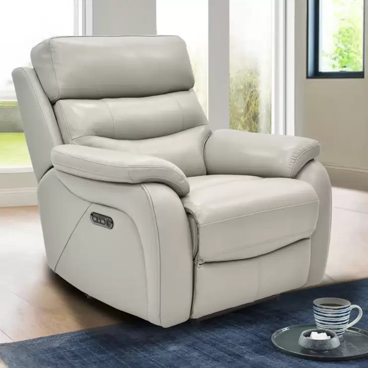 Fletcher Light Grey Leather Power Recliner Armchair with Power Headrest