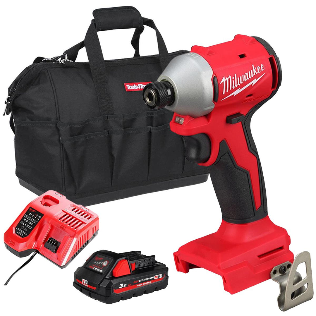 Milwaukee M18BLIDRC-0 18V Brushless 1/4" Impact Driver with 1 x 3.0Ah Battery Charger &amp; Bag