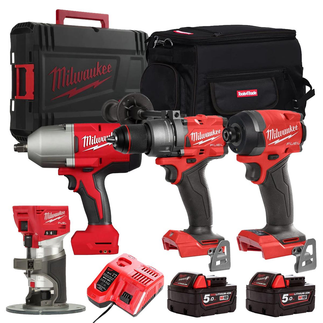 Milwaukee M18FPP10Z-502B 18V Brushless 4 Piece Power Tool Kit With 2 x 5.0Ah Batteries Charger Case & Bag