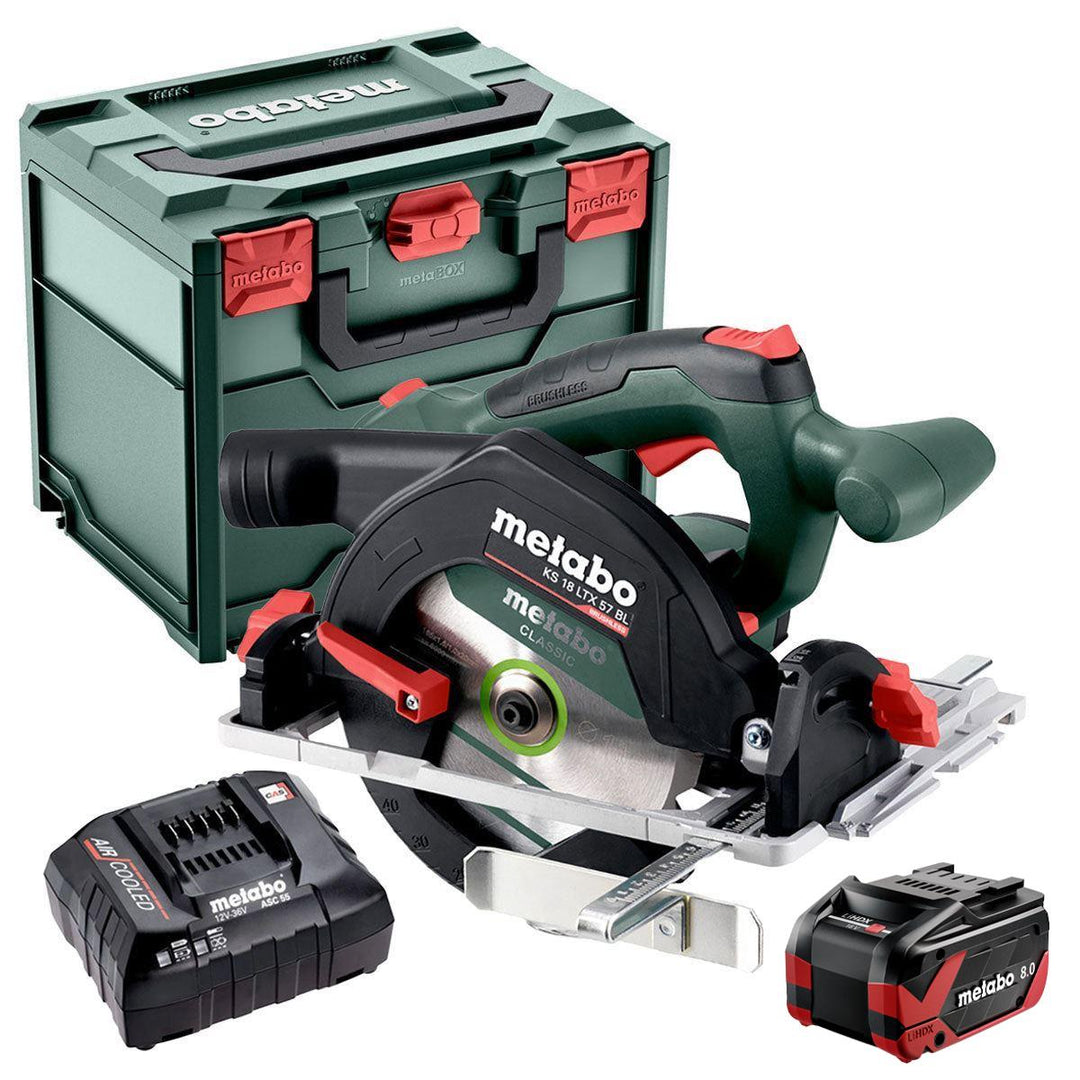 Metabo KS 18 LTX 57 BL 18V Brushless 165mm Circular Saw with 1 x 8.0Ah Battery Charger & Metabox