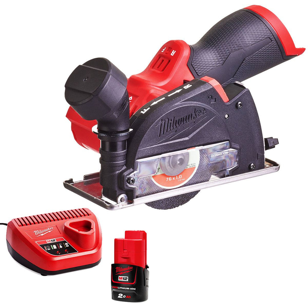 Milwaukee M12FCOT-0 12V Fuel Brushless 76mm Multi-Material Cut-off Saw with 1 x 2.0Ah Battery &amp; Charger
