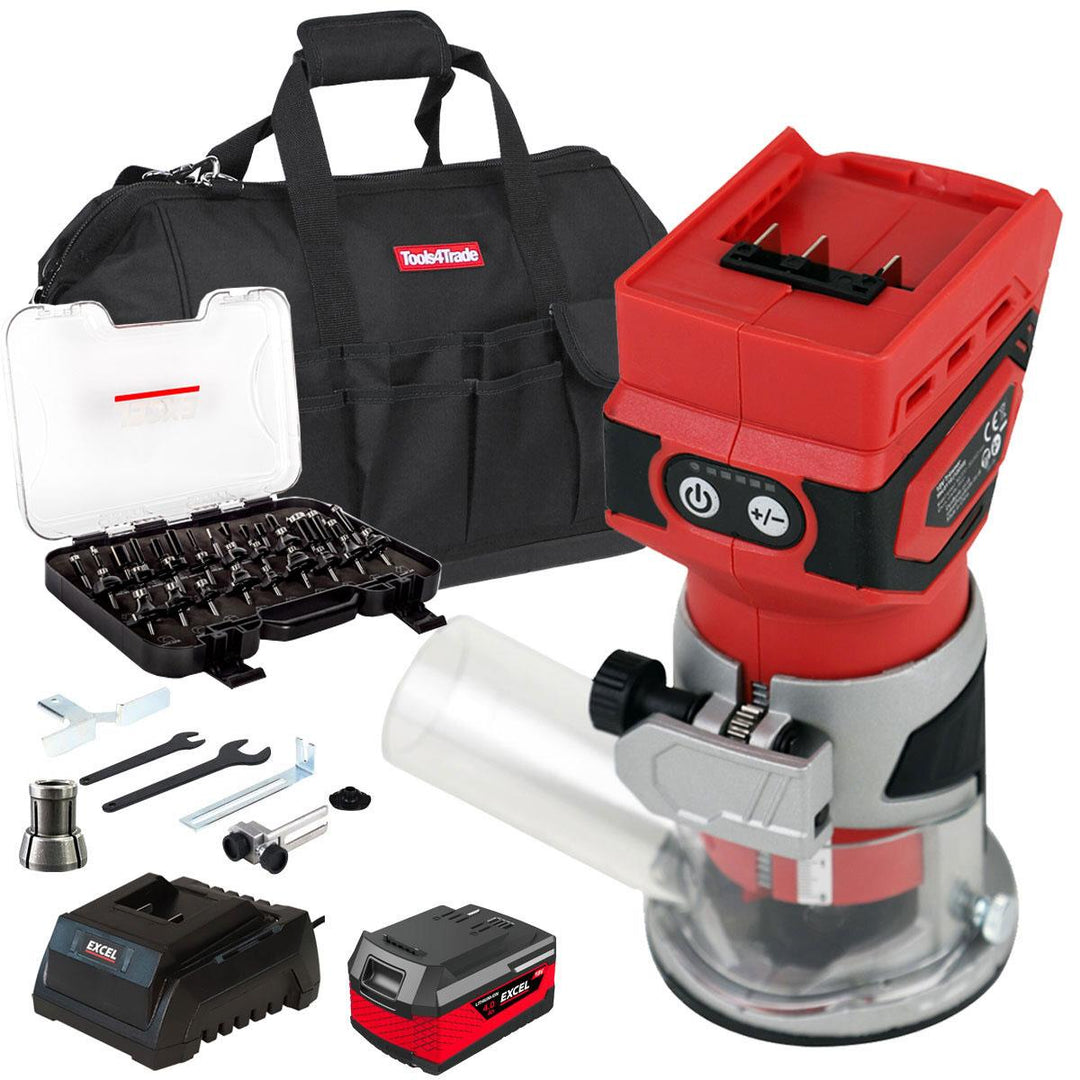 Excel 18V 1/4" Router Trimmer with 1 x 4.0Ah Battery Fast Charger, Bag & 35 Piece Cutter Set